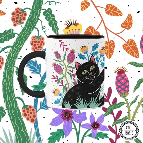 Mug botanique Coty Borio orné d'un chat noir et de fleurs sauvages colorées