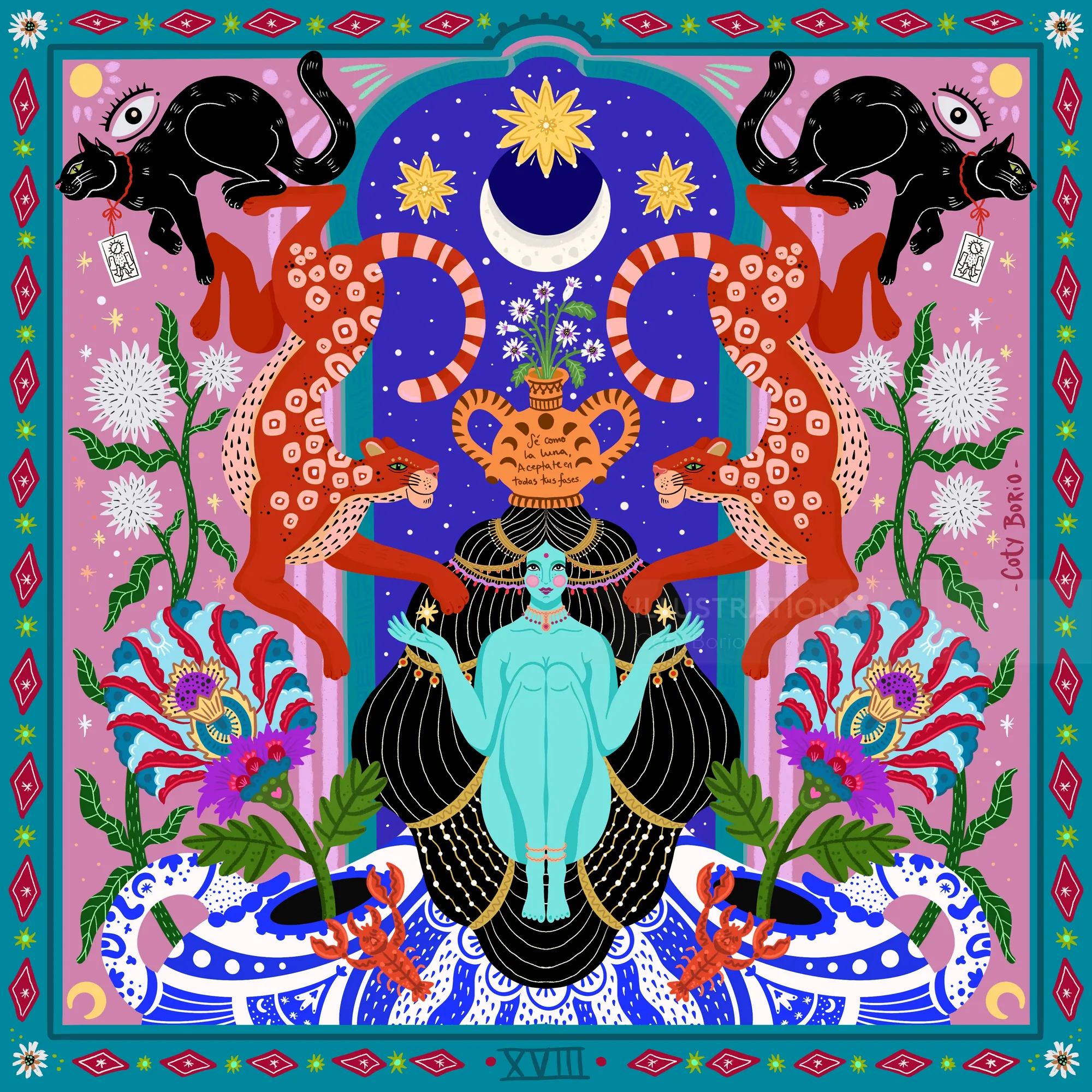 XVIII Ilustración de la carta del tarot La Luna con jaguares y gatos