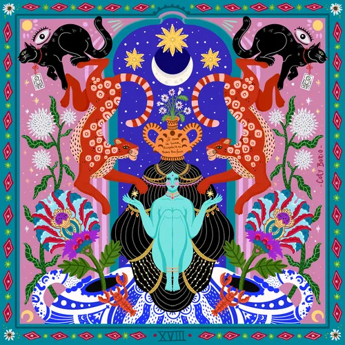 XVIII. Illustration de la carte de tarot La Lune avec des jaguars et des chats.