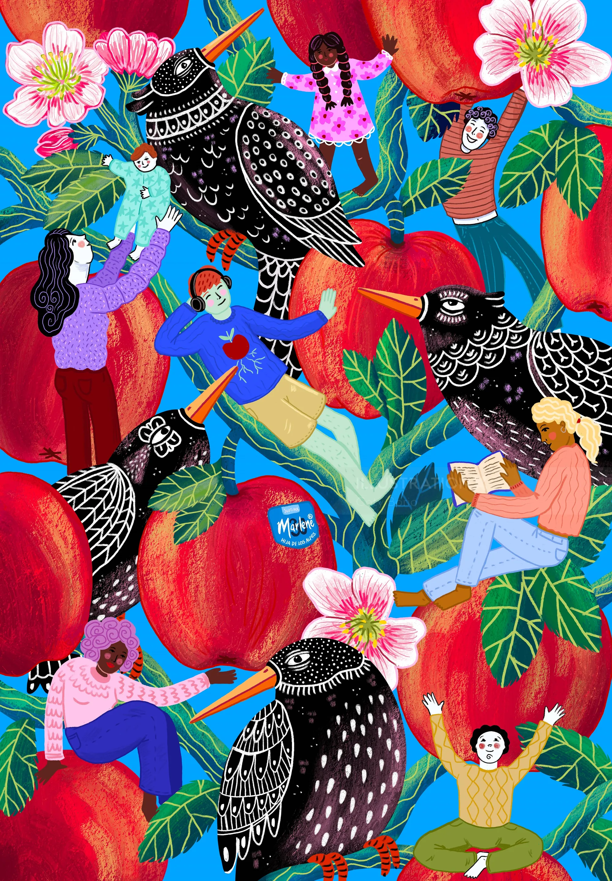 科蒂·博里奥的民间艺术插画，描绘了人物、鸟类、花朵和红苹果。