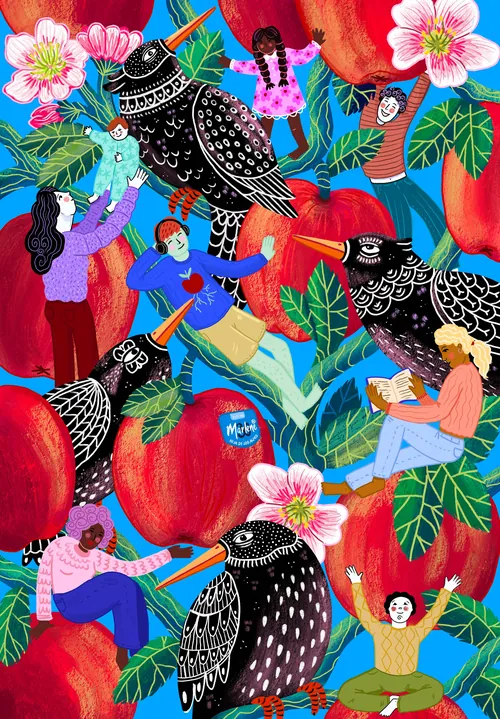 Illustration d'art populaire de Coty Borio représentant des personnages, des oiseaux, des fleurs et des pommes rouges.
