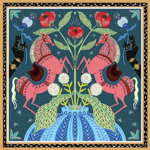 Coty Borio illustration of mirrored pink horses, flowers, and a blue ornamental vase