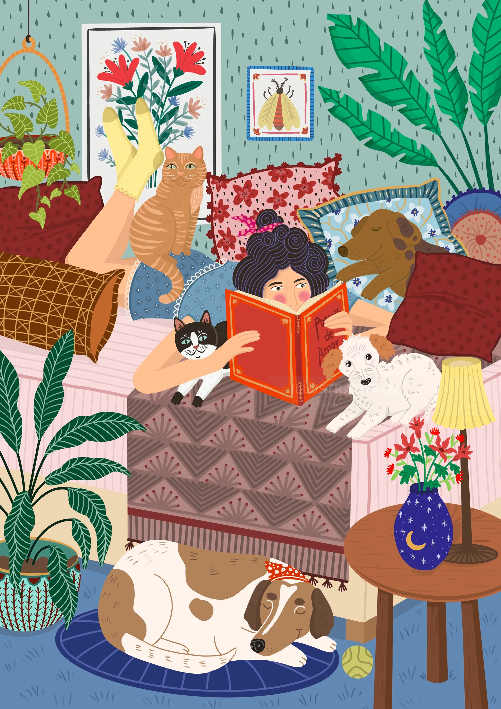 Illustration d'intérieur représentant une femme lisant un livre, dans un cadre de vie chaleureux.