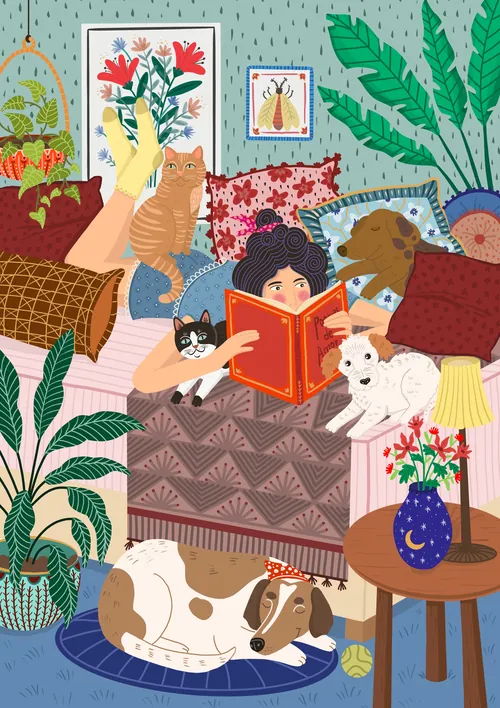 Illustration d'intérieur représentant une femme lisant un livre, dans un cadre de vie chaleureux.