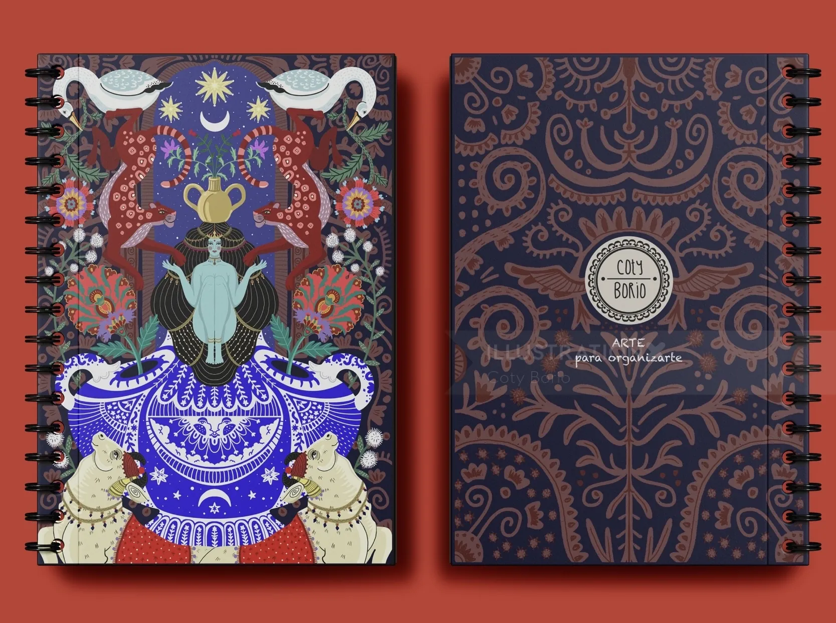 Carnet à spirale illustré de Coty Borio, avec une couverture avant mystique et une couverture arrière ornée de motifs.