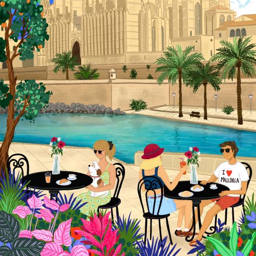Palma Cathedral café terrace overlooking Parc de la Mar lake