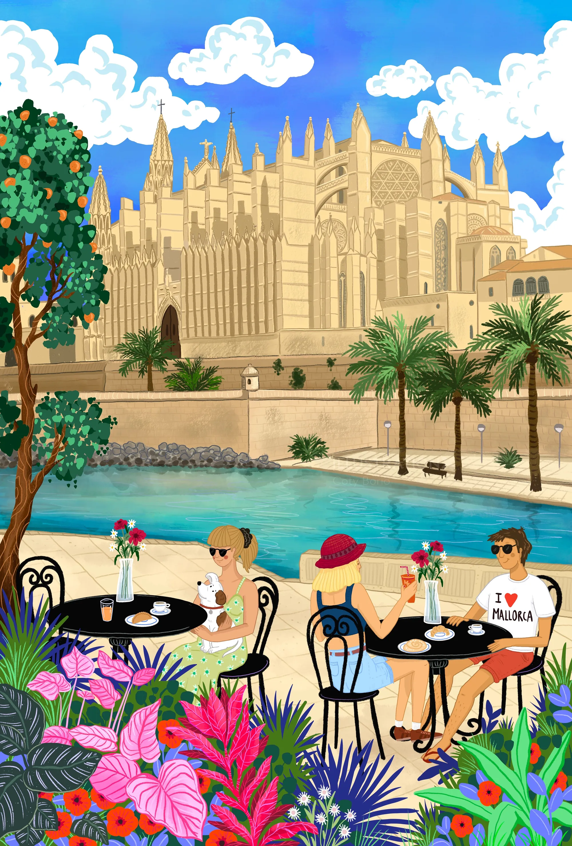 Coty Borio illustration of a café terrace with Palma Cathedral and palm trees