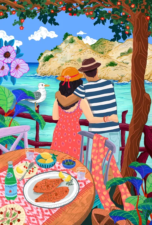 Un couple profite de la vue sur la mer Méditerranée depuis un balcon
