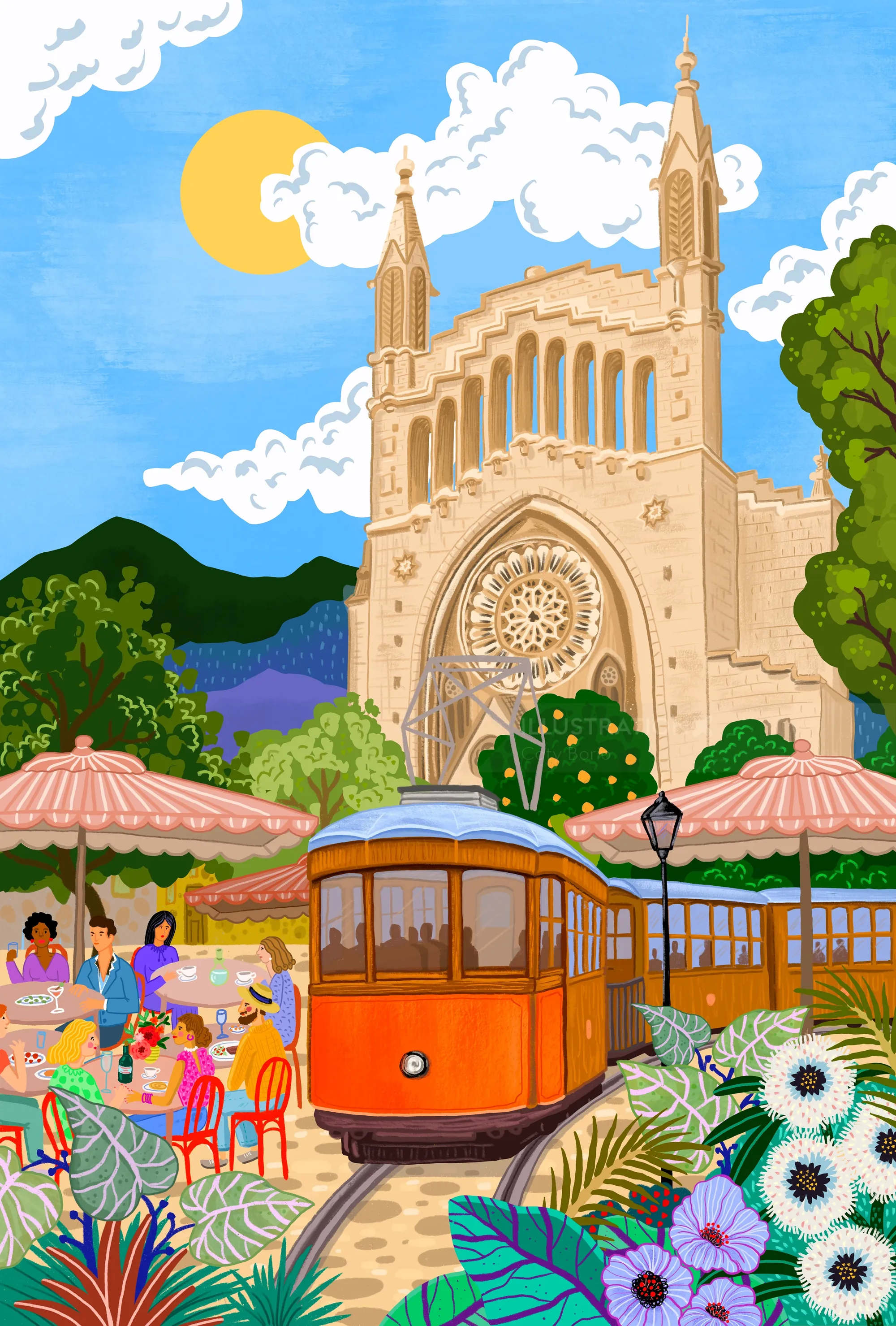 Sóller tram beside a lively café terrace in Mallorca