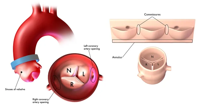 Detailed illustration of the aortic valve leaflets and surrounding anatomy by Craig Foster