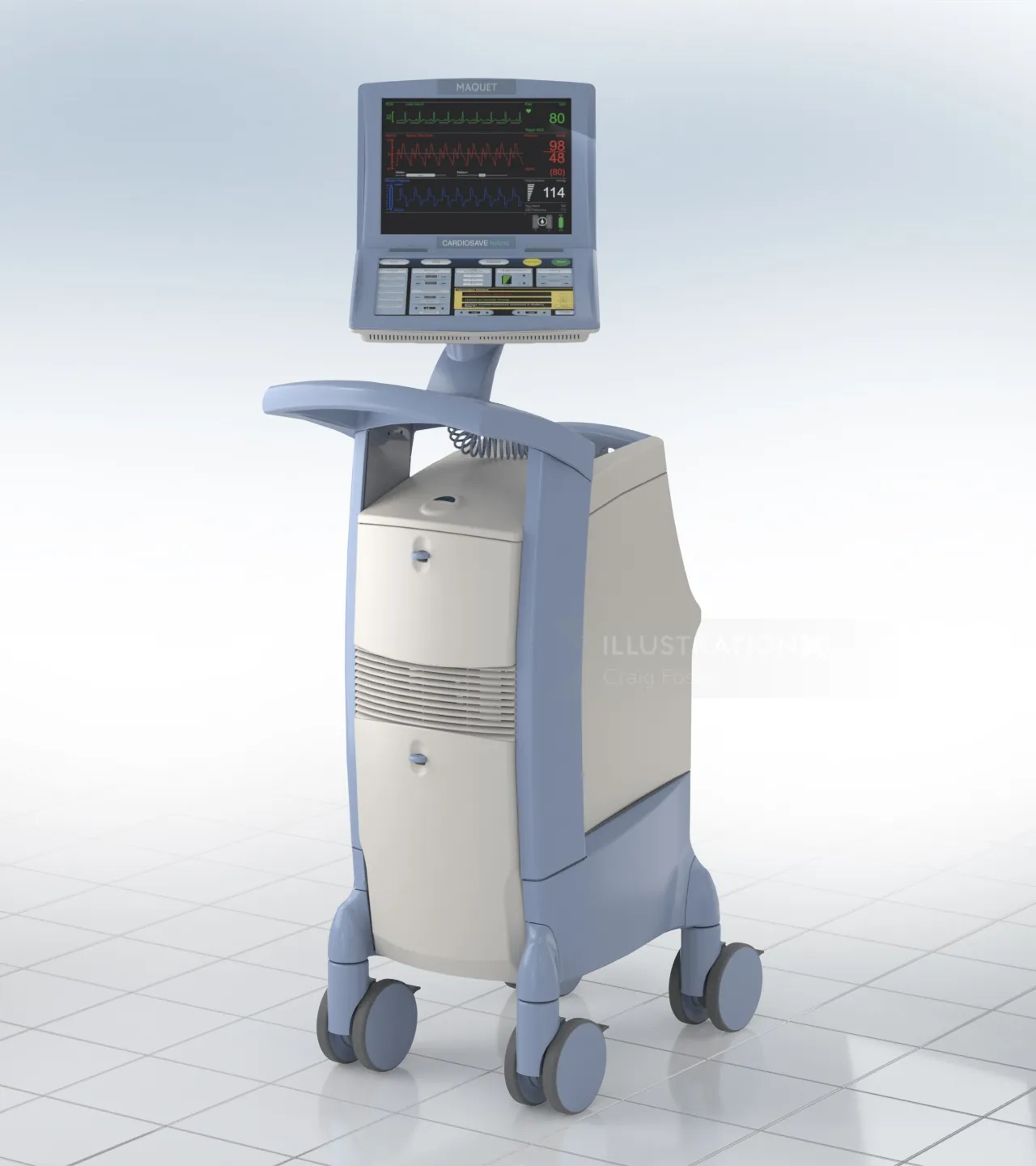 Mobile diagnostic cart with screen displaying vital signs by Craig Foster