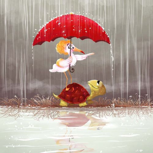 Girl holding red umbrella riding turtle in rain by Dalia Awad