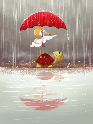 Girl holding red umbrella riding turtle in rain by Dalia Awad