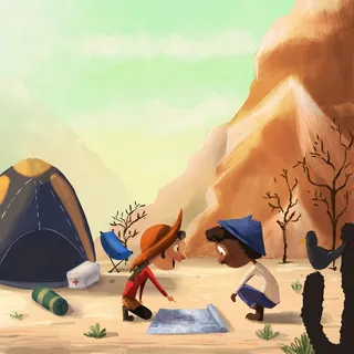 Two children studying a map on desert sand near tents by Dalia Awad