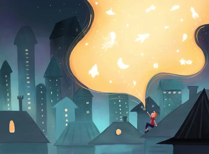 Child sitting on rooftop gazing at glowing stars and jellyfish creatures by Dalia Awad
