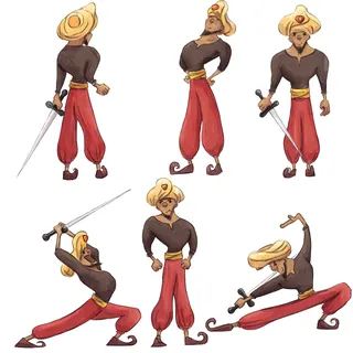 Sword-wielding man in traditional outfit in various action poses by Dalia Awad
