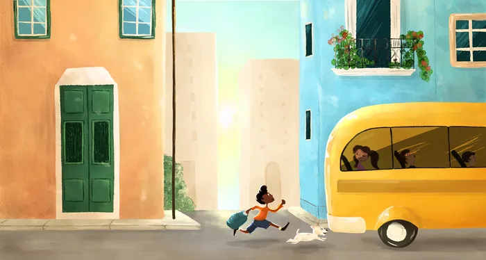 Child running after a small white dog near a yellow bus by Dalia Awad