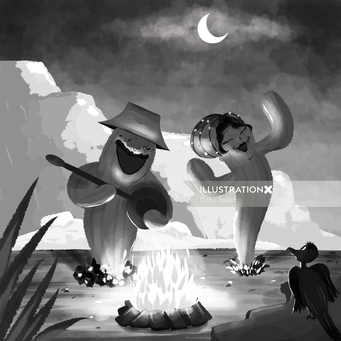 Ilustração em preto e branco do acampamento de fogo
