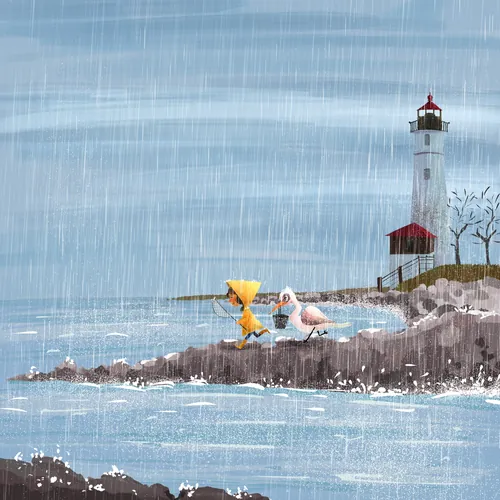 Niño con impermeable amarillo cerca de un faro bajo la lluvia por Dalia Awad