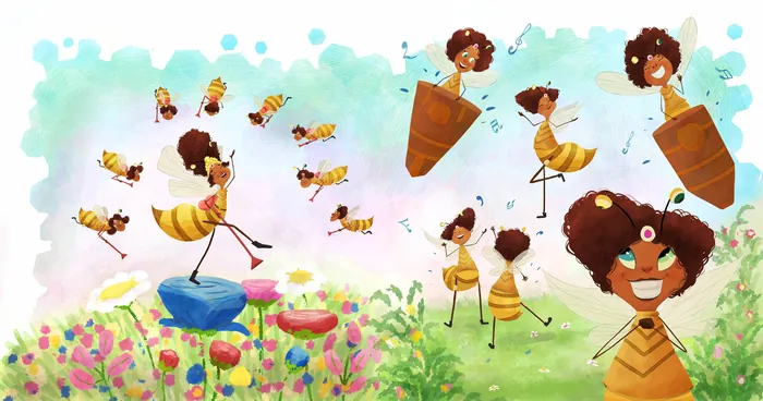 Cheerful bees dancing and flying in a colorful garden by Dalia Awad