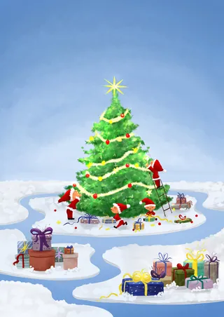 Christmas tree with elves and presents in snow by Dalia Awad