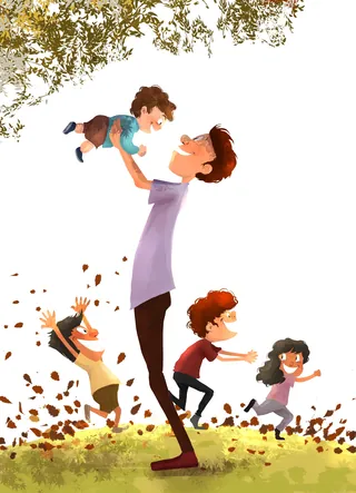 Father lifting child with three children playing in leaves by Dalia Awad