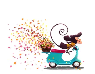 Cartoon monkey riding blue scooter with flower basket by Dalia Awad