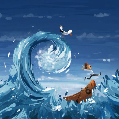 Person and boat caught in a large ocean wave by Dalia Awad