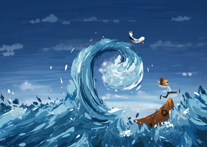 Person and boat caught in a large ocean wave by Dalia Awad
