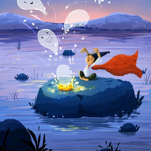 Illustration of girl summoning spirits from a glowing cauldron at dusk by Dalia Awad