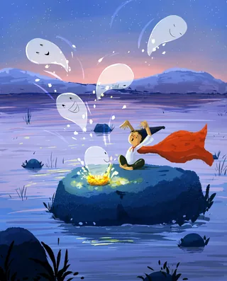 Illustration of girl summoning spirits from a glowing cauldron at dusk by Dalia Awad