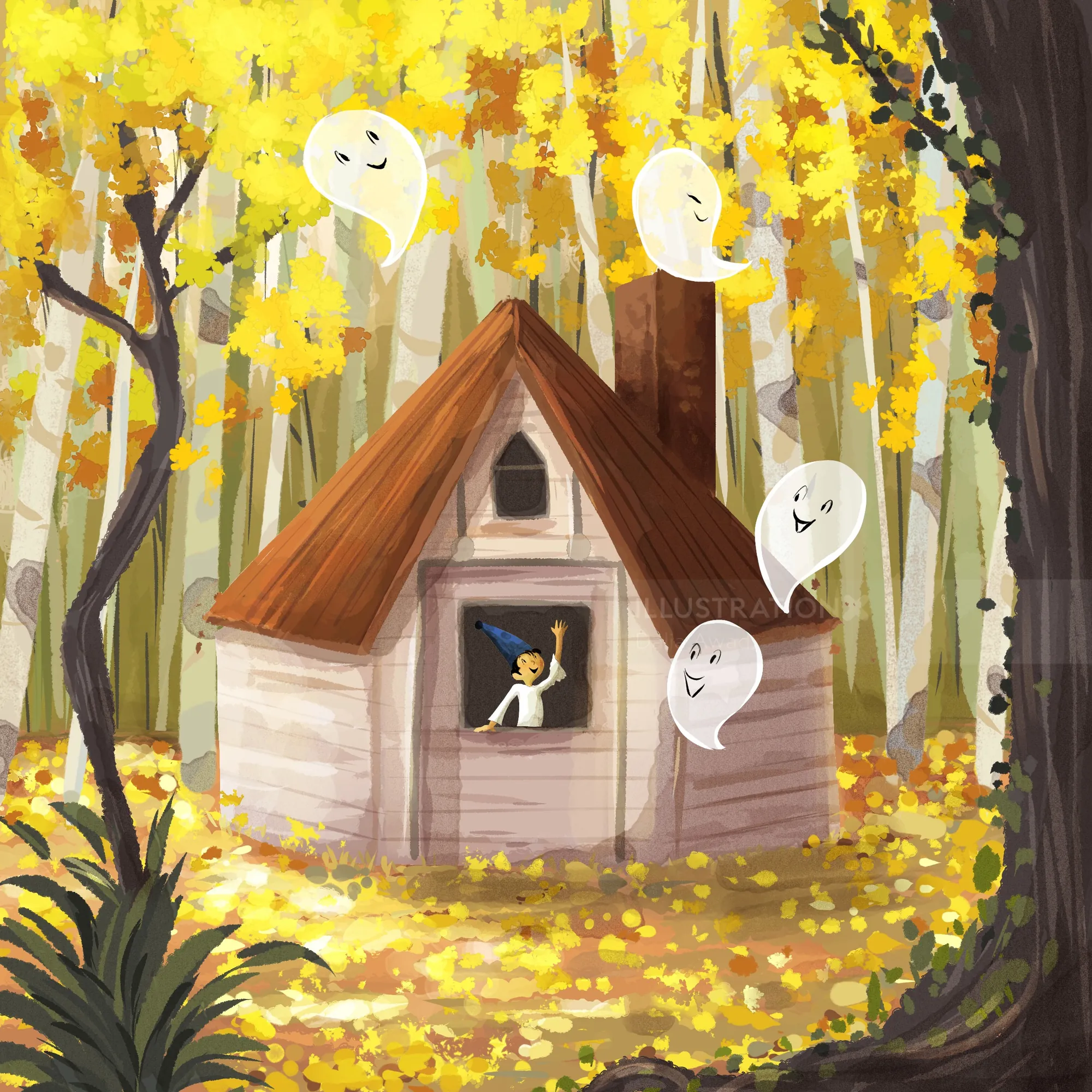 Cartoon house in autumn forest with smiling ghosts by Dalia Awad
