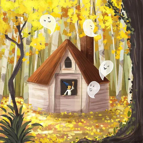 Casa de dibujos animados en un bosque otoñal con fantasmas sonrientes por Dalia Awad