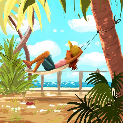 Woman relaxing on a hammock tied between palm trees by the sea by Dalia Awad