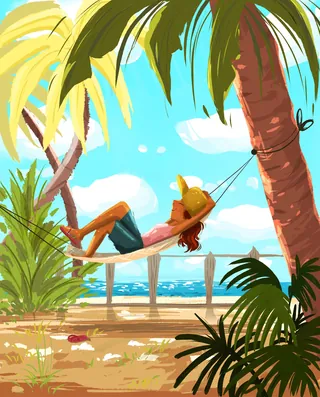 Woman relaxing on a hammock tied between palm trees by the sea by Dalia Awad