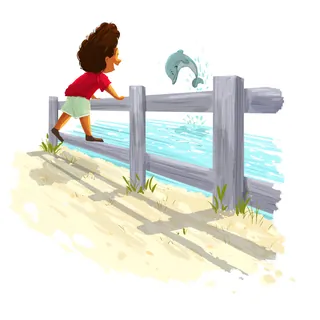 Child watching a dolphin jump over water behind a wooden fence by Dalia Awad