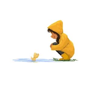 Child in yellow raincoat crouching near a duckling by water by Dalia Awad