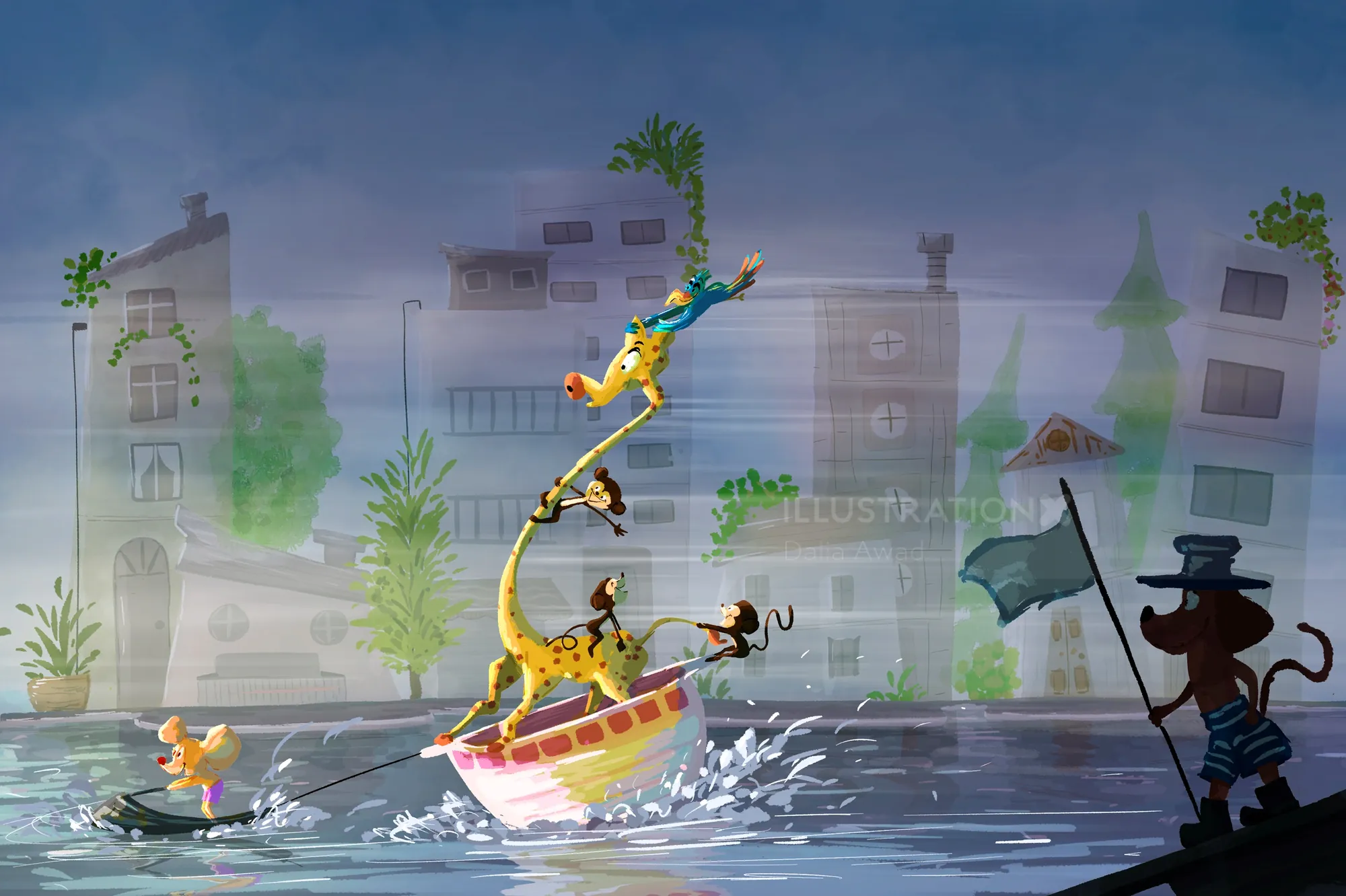 Animals stacked on a sinking boat in flooded city waters by Dalia Awad