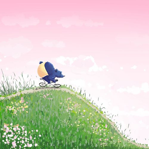 Blue dog riding bicycle on green hill with pink sky by Dalia Awad