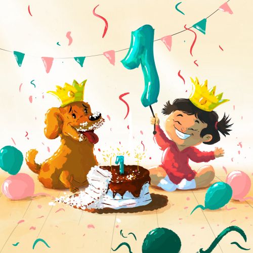 Child and dog wear crowns celebrating first birthday with cake and balloons by Dalia Awad
