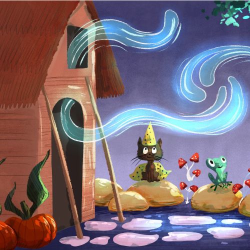 Whimsical forest scene with two costumed characters and a frog by Dalia Awad