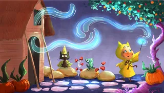 Whimsical forest scene with two costumed characters and a frog by Dalia Awad