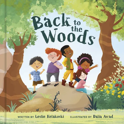 Niños jugando en el bosque en la ilustración de la portada de Back to the Woods por Dalia Awad