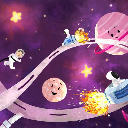Whimsical space scene with astronauts, planets, and rocketship by Dalia Awad