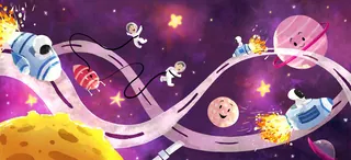 Whimsical space scene with astronauts, planets, and rocketship by Dalia Awad