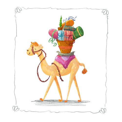 Camel carrying colorful gifts and plants, digital illustration by Dalia Awad