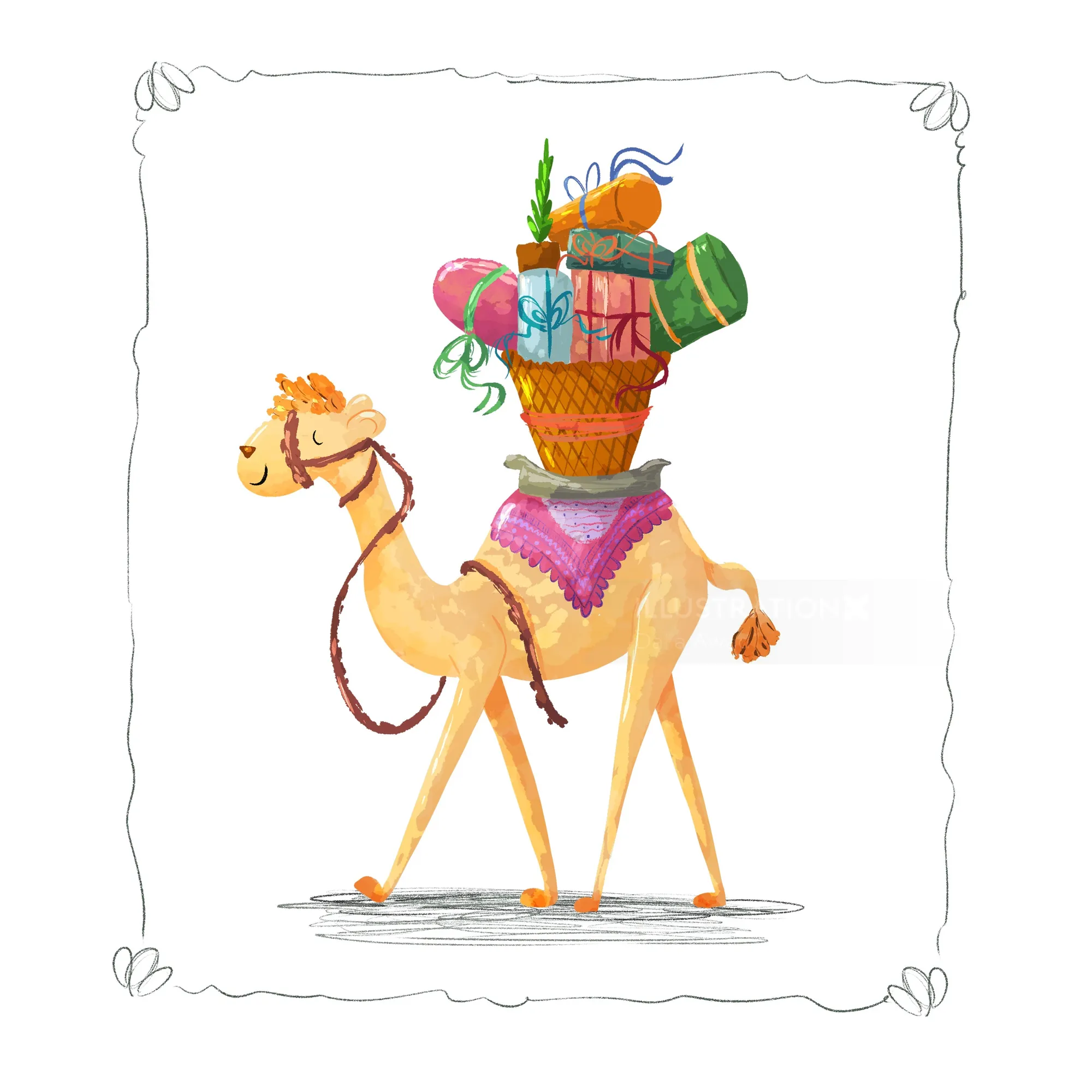 Camello transportando coloridos regalos y plantas, ilustración digital de Dalia Awad