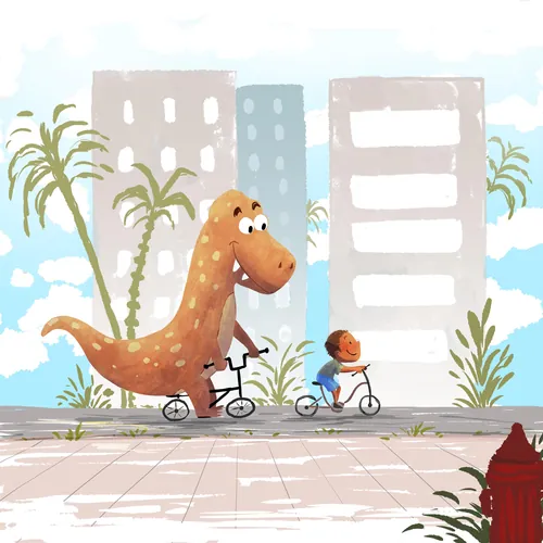Dinosaurio caprichoso y niño montando en bicicleta juntos en la ciudad por Dalia Awad
