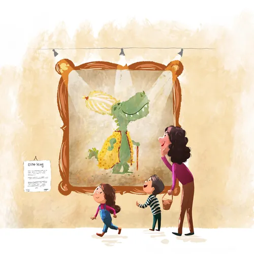 Niños y una mujer observando una pintura de dinosaurios en una galería (por Dalia Awad)