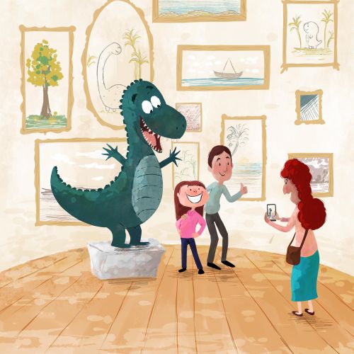 Children posing by dinosaur statue in an art gallery, woman taking photo, by Dalia Awad